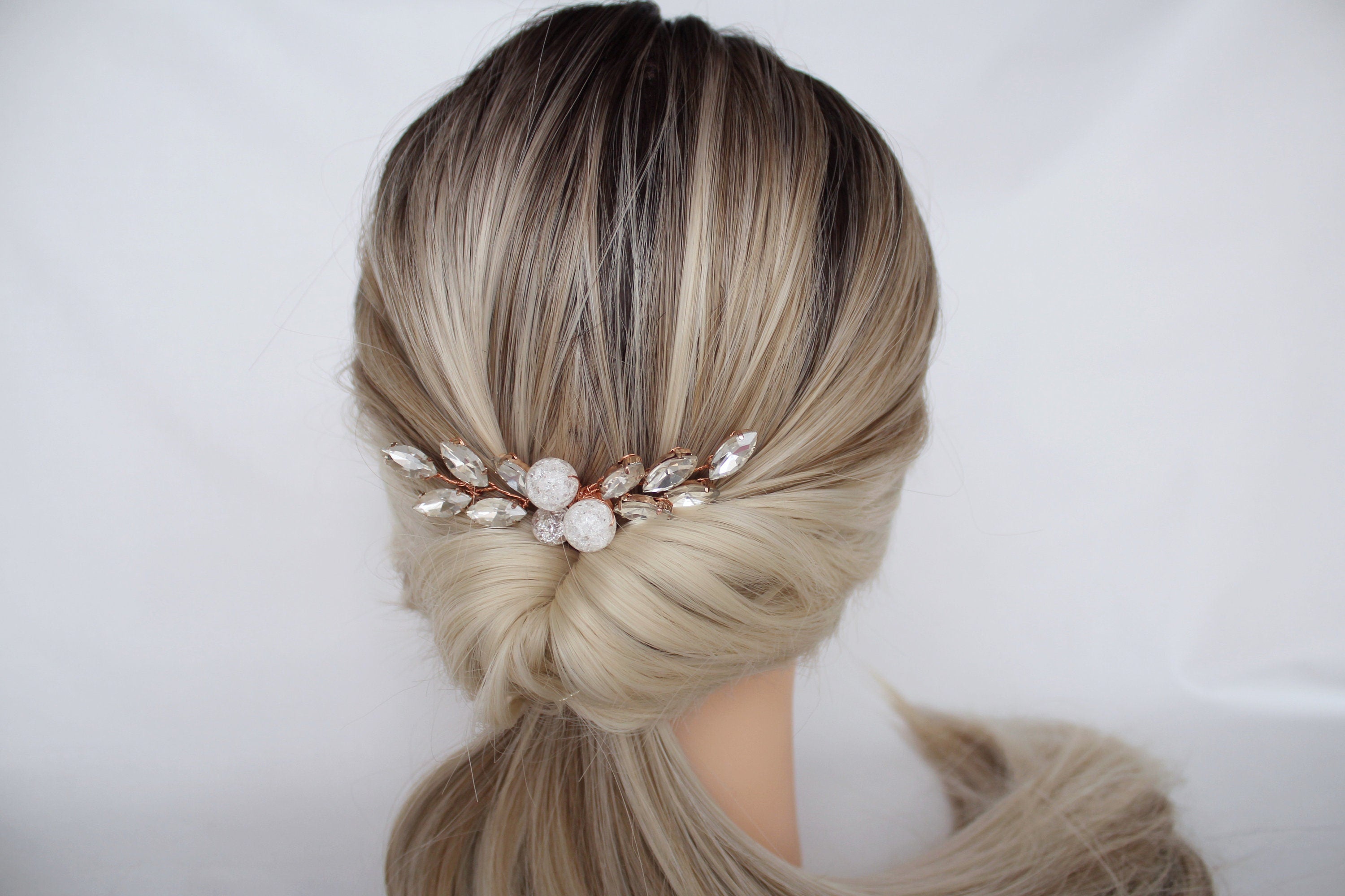 Rose Gold Bridal Hair Comb: Quartz Crystal Headpiece