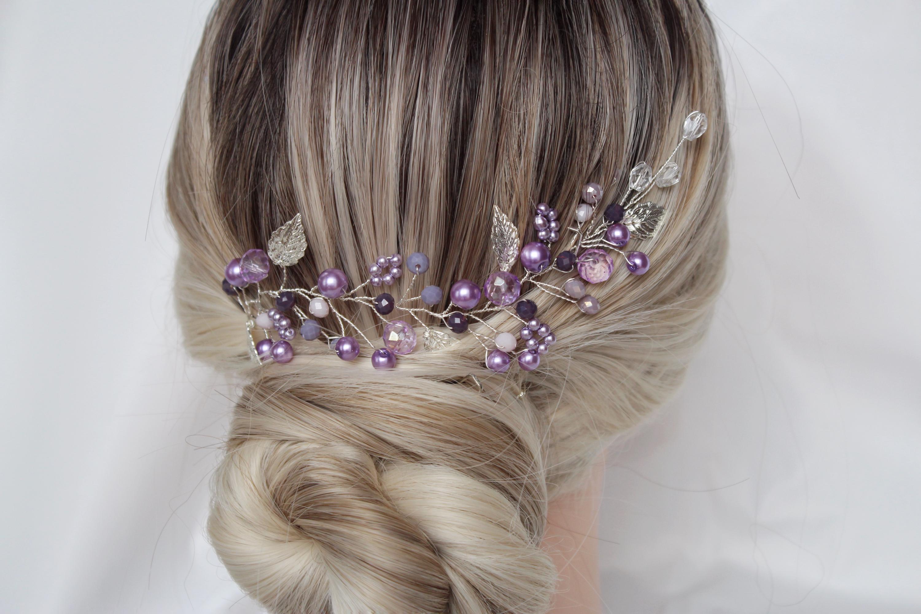 Purple Pearl Hair Vine: Lavender Bridal Headband, Amethyst Jewelry