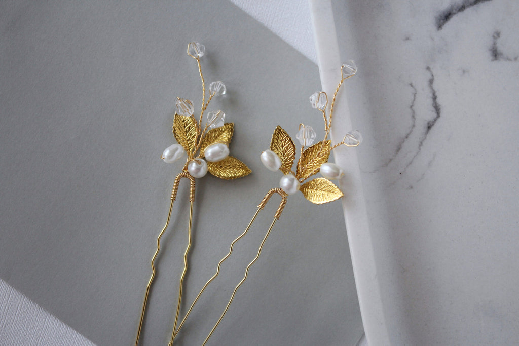 Gold Leaf Pearl Hair Pins: Bridal Rhinestone Hair Piece
