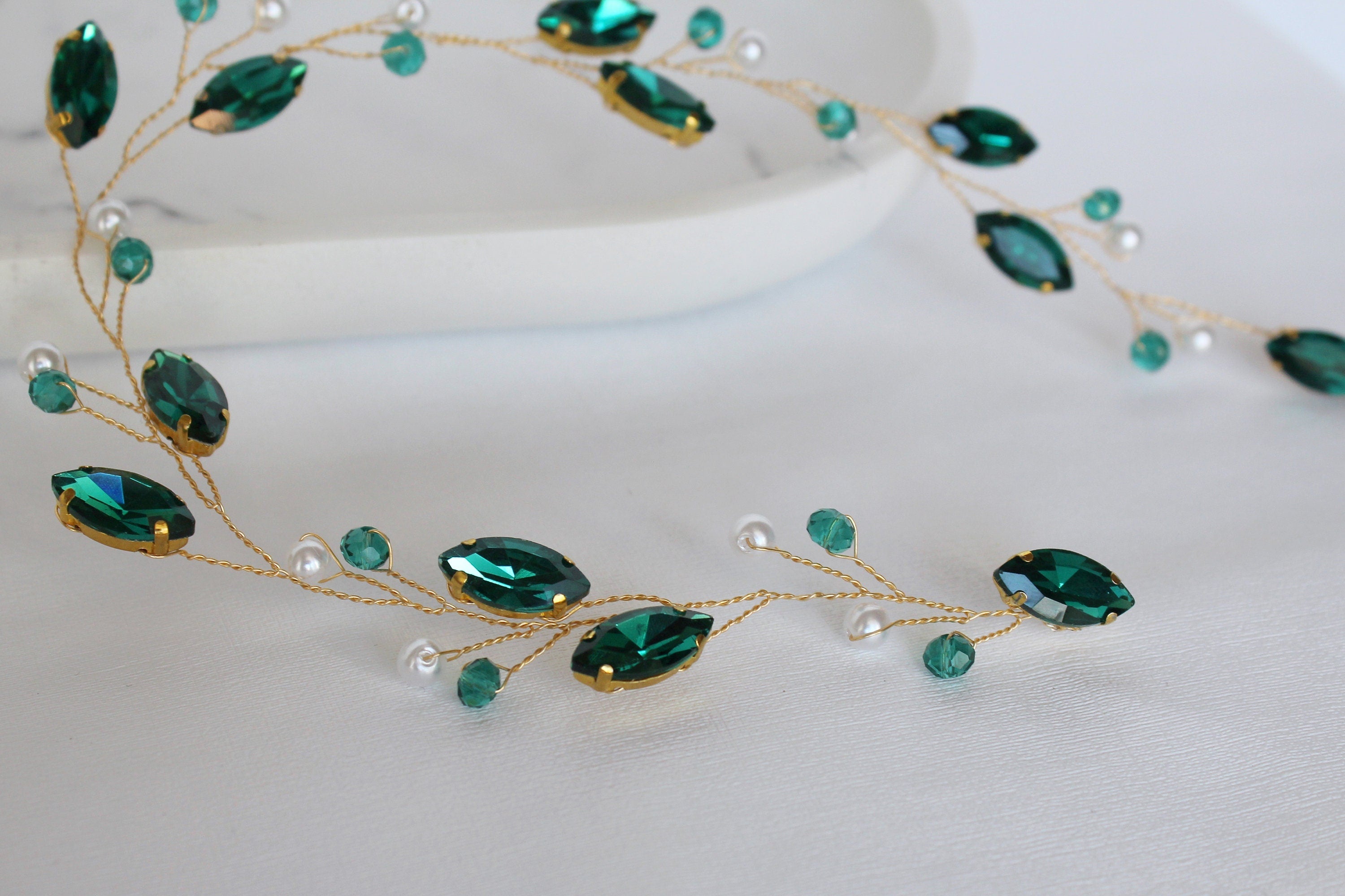 Emerald Hair Vine: Green Pearl Bridal Headpiece