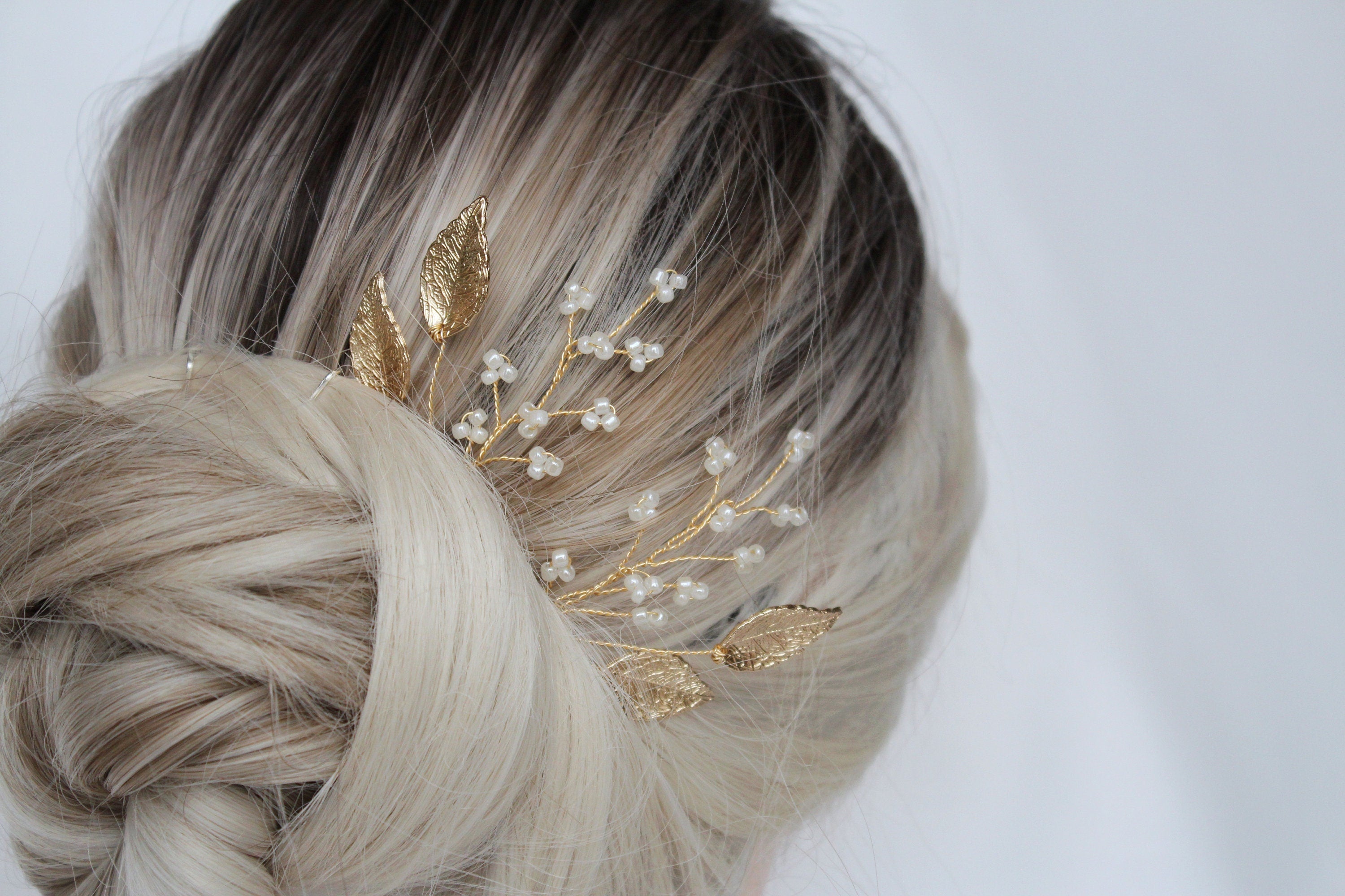 Gold Leaf Wedding Hair Pins: Pearl Bridal Hair Accessory