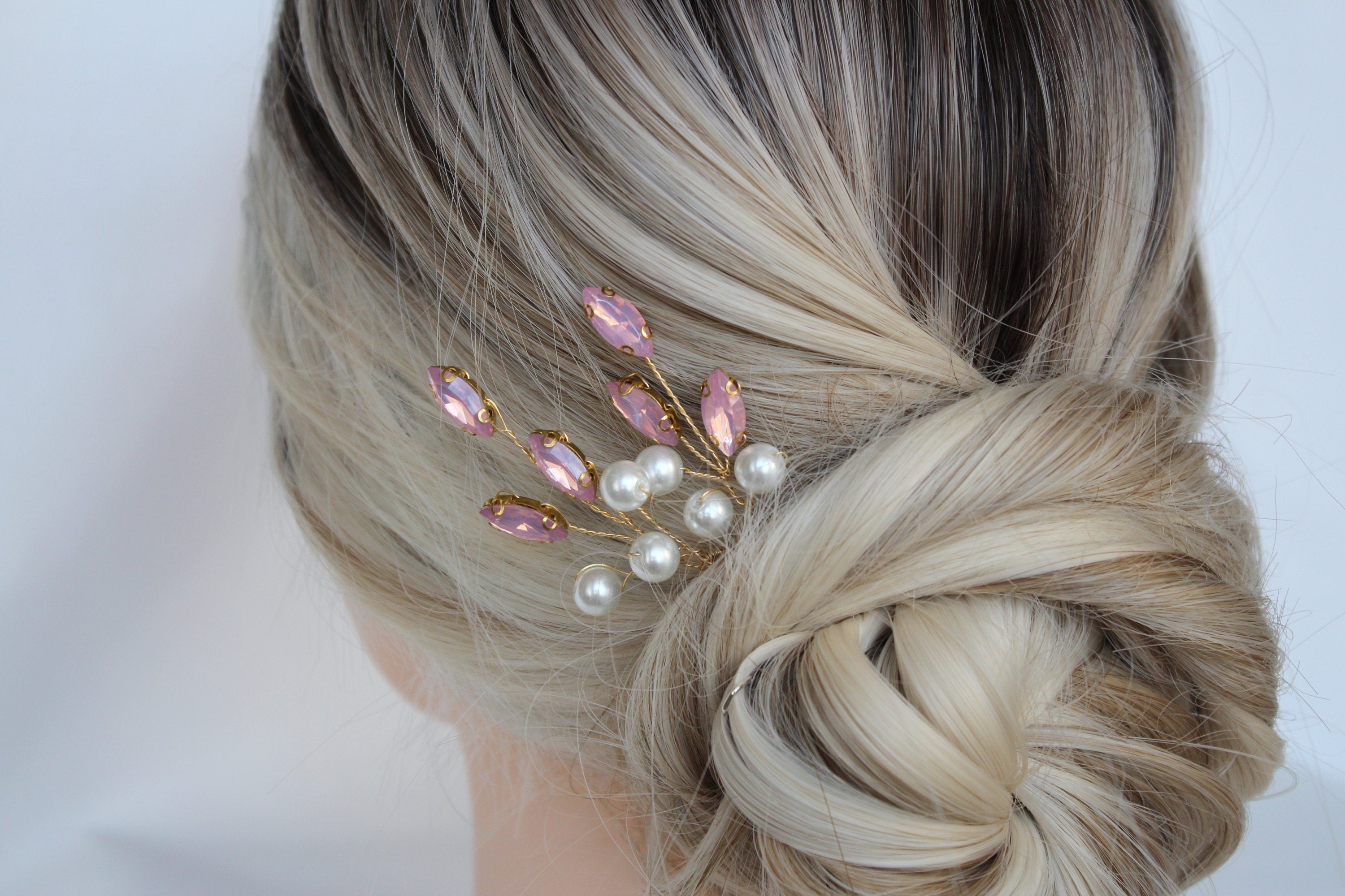 Pink Opal Crystal Hair Pins: Wedding Hair Piece