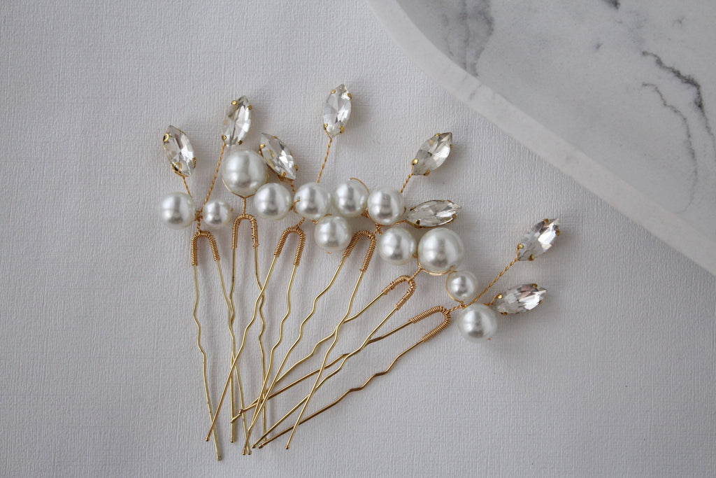 Pearl Wedding Hair Pins: Gold Bridal Crystal Hair Piece Set