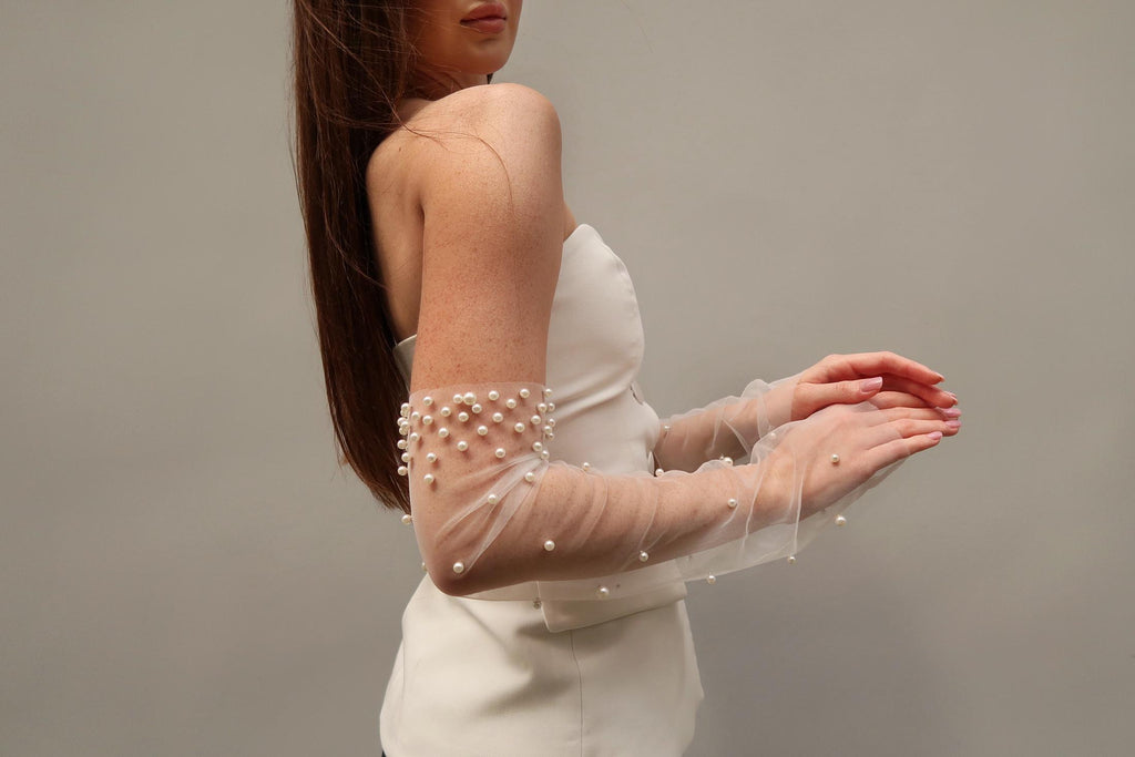 Pearl Fingerless Bridal Gloves, Long Tulle Sheer Sleeve