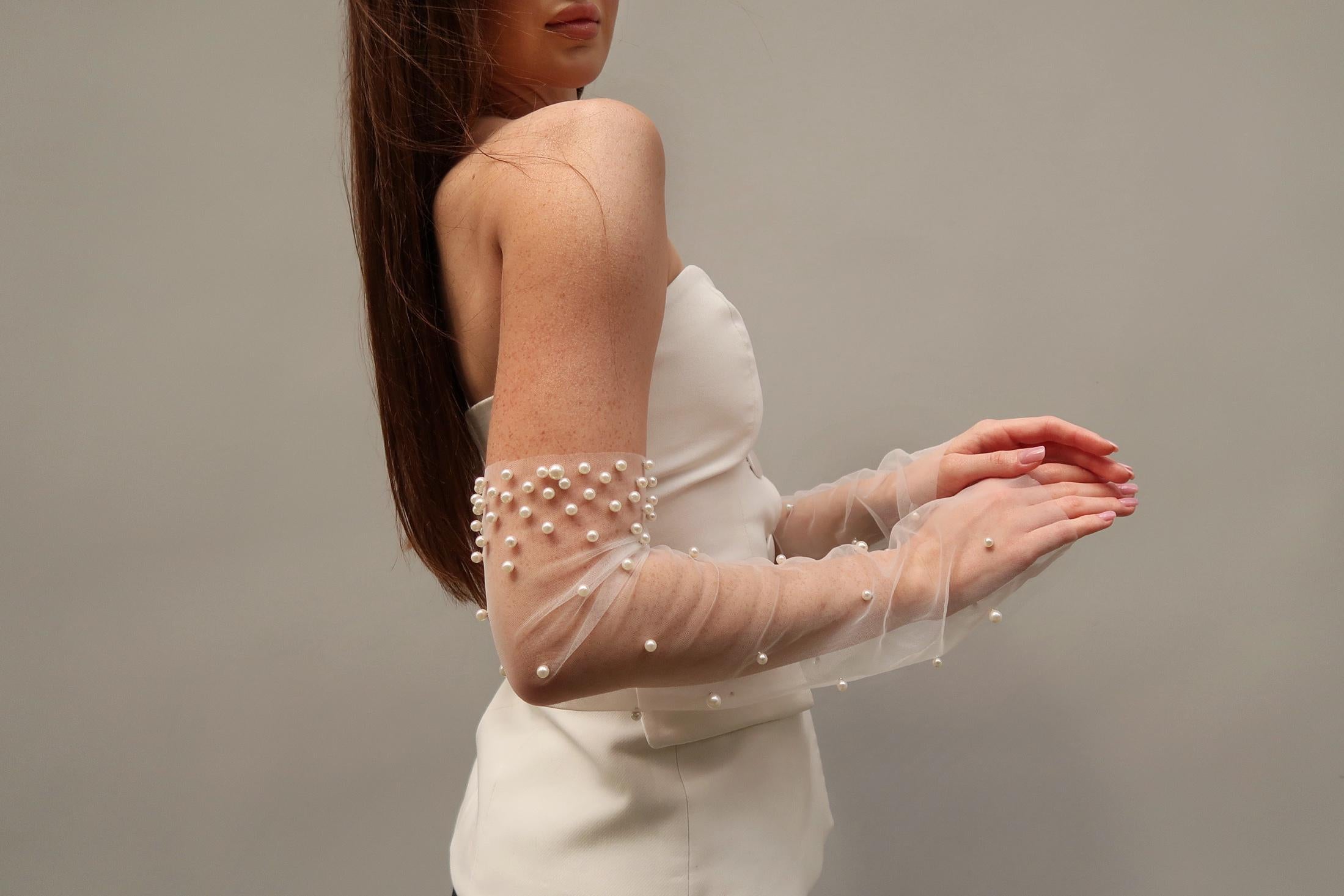 Pearl Fingerless Bridal Gloves, Long Tulle Sheer Sleeve