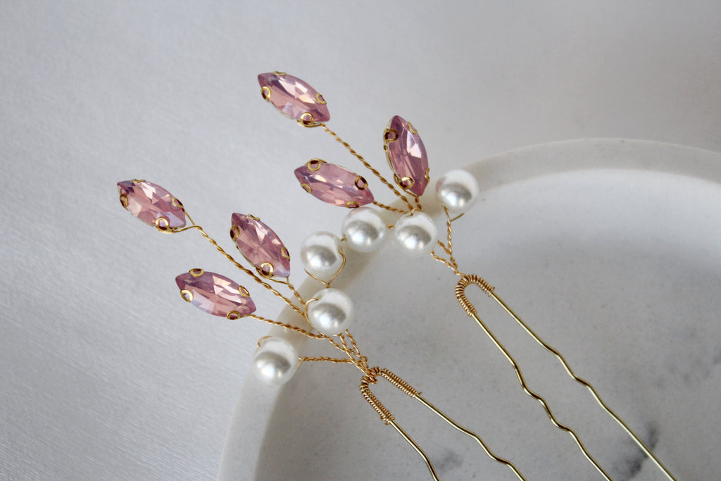 Pink Opal Crystal Hair Pins: Wedding Hair Piece