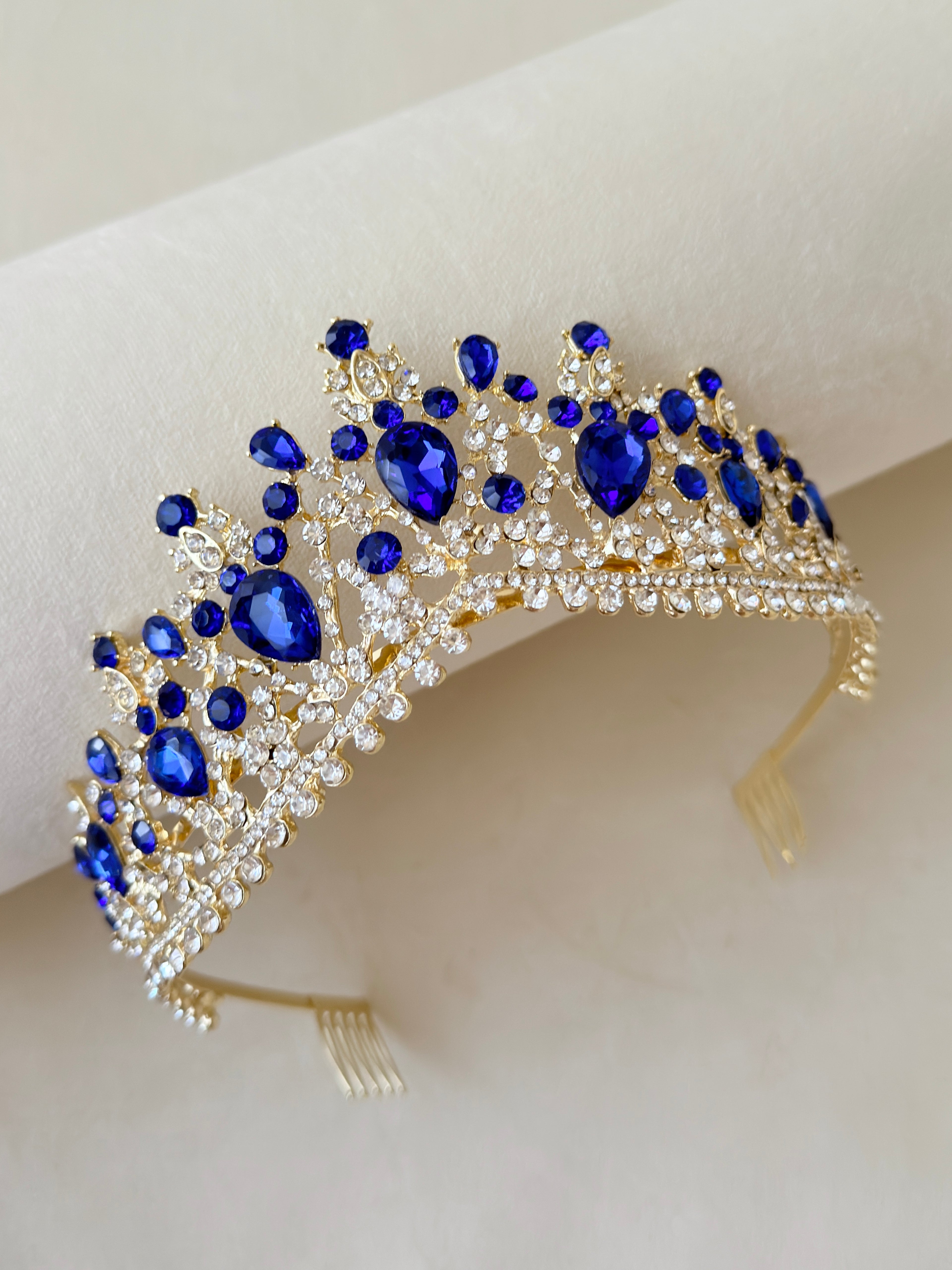 Sapphire Blue gold crown, Quinceanera tiara