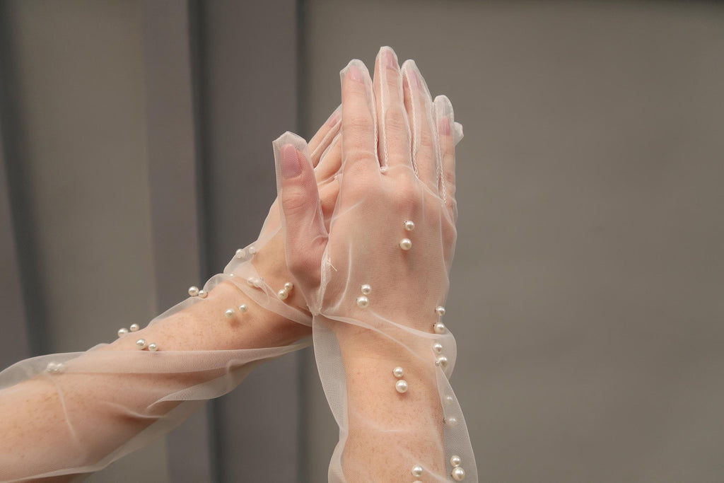 Pearl bridal gloves, White tulle gloves, Long bridal sheer gloves