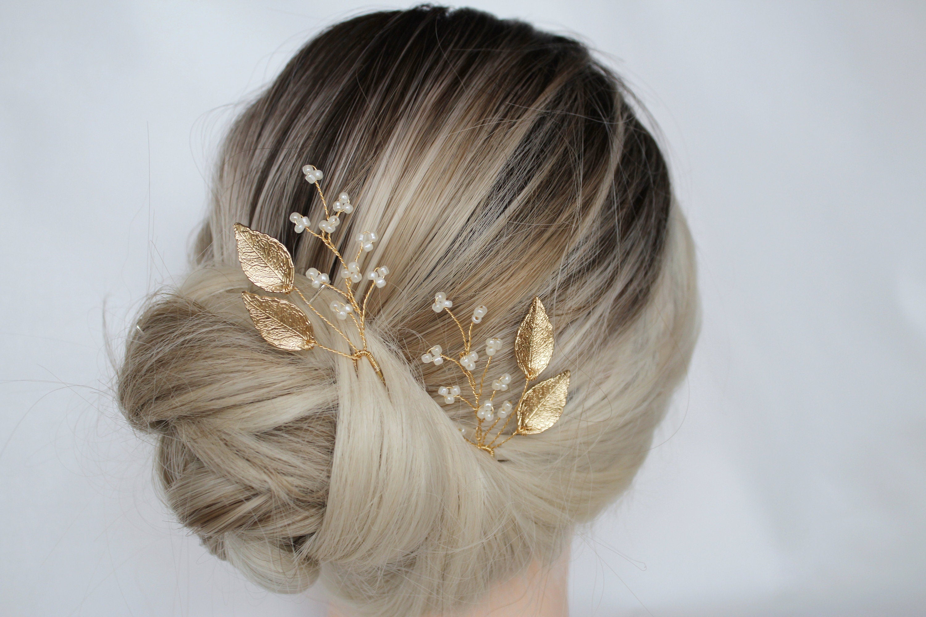 Gold Leaf Wedding Hair Pins: Pearl Bridal Hair Accessory