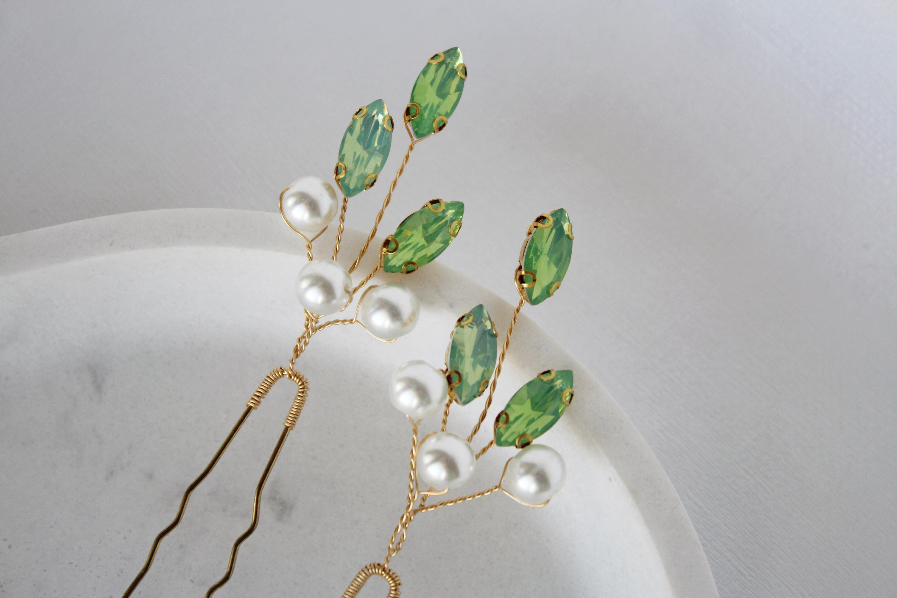 Green Opal Pearl Hair Pins: Bridal Wedding Hair Accessories