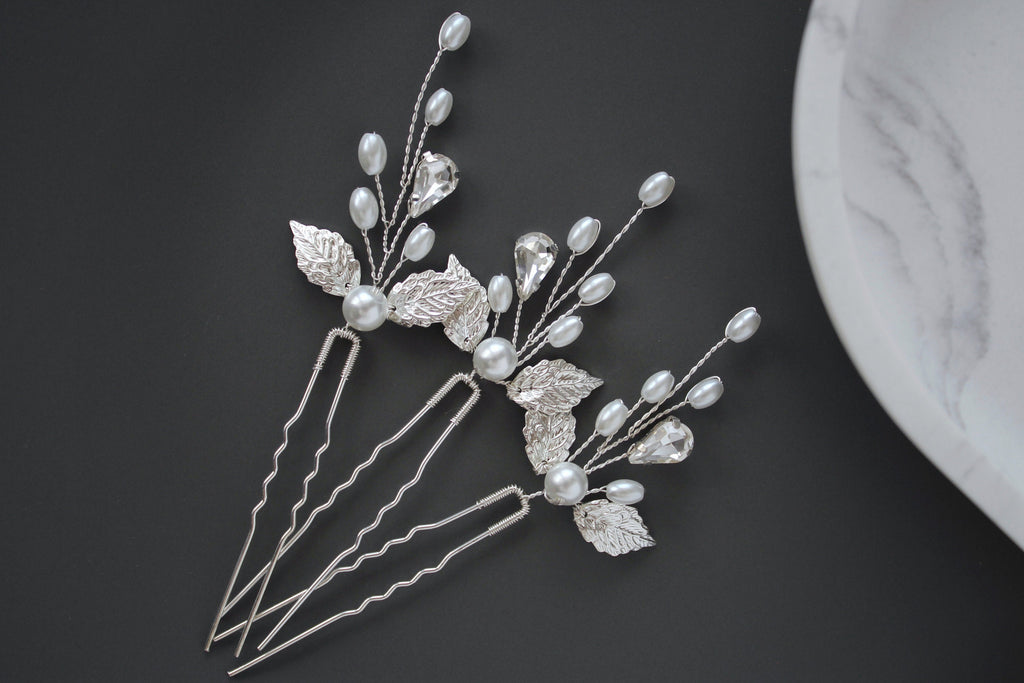 Silver Pearl Leaf Wedding Hair Pins: Bridal Rhinestone Accessory