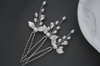 Silver Pearl Leaf Wedding Hair Pins: Bridal Rhinestone Accessory