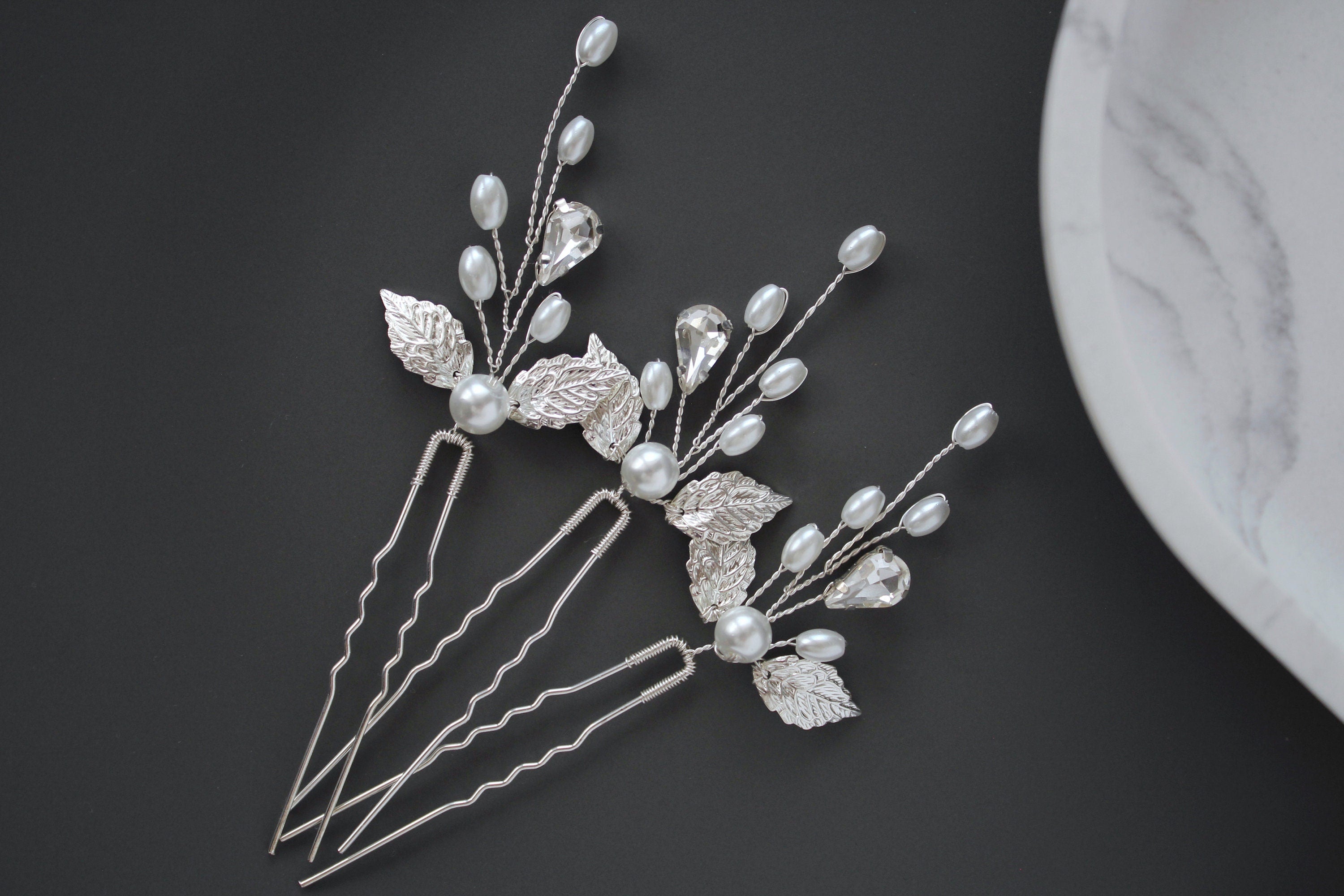 Silver Pearl Leaf Wedding Hair Pins: Bridal Rhinestone Accessory