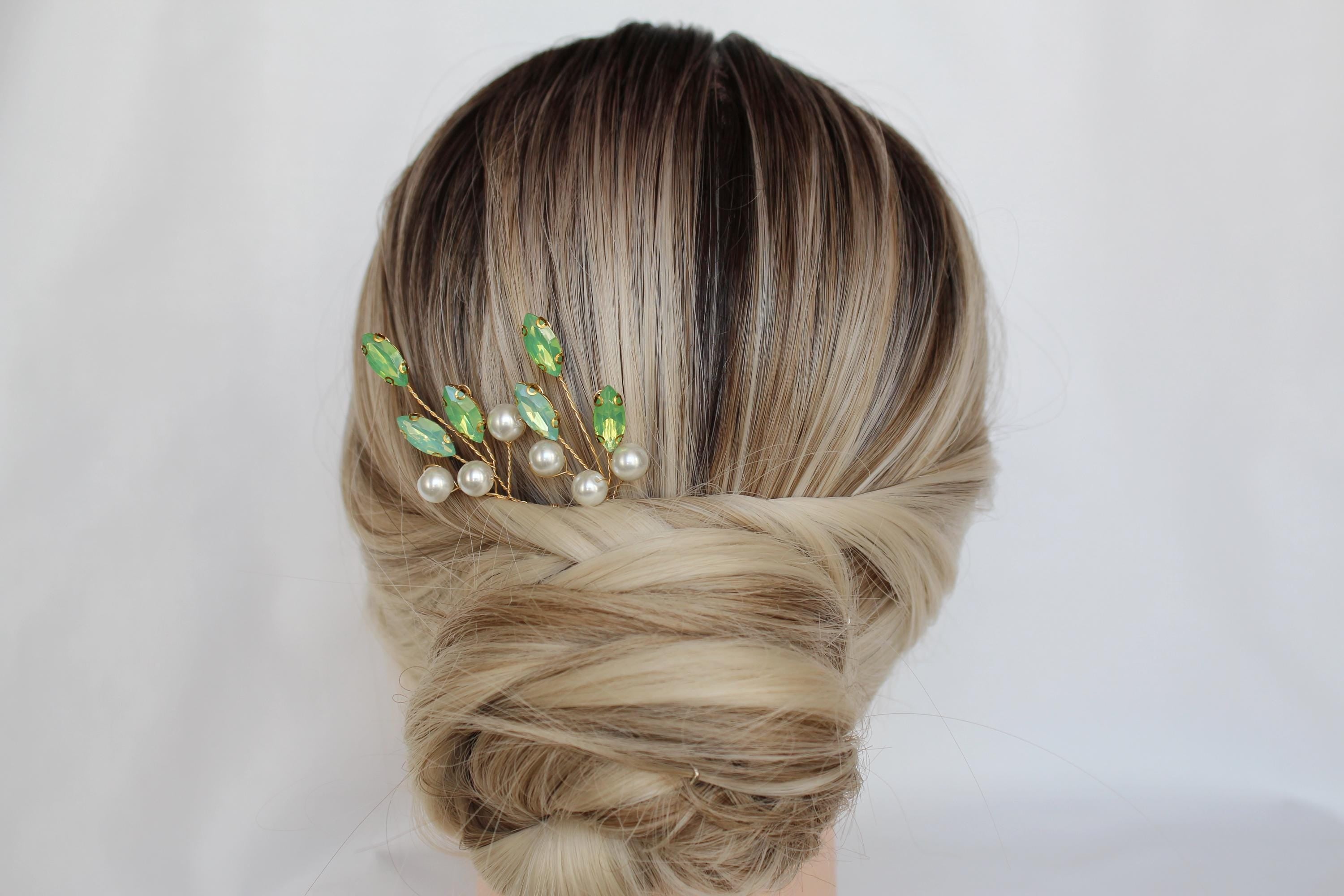 Green Opal Pearl Hair Pins: Bridal Wedding Hair Accessories