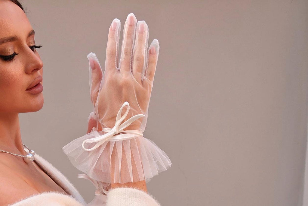 Short Bridal Gloves, Chiffon Gloves with Ribbon