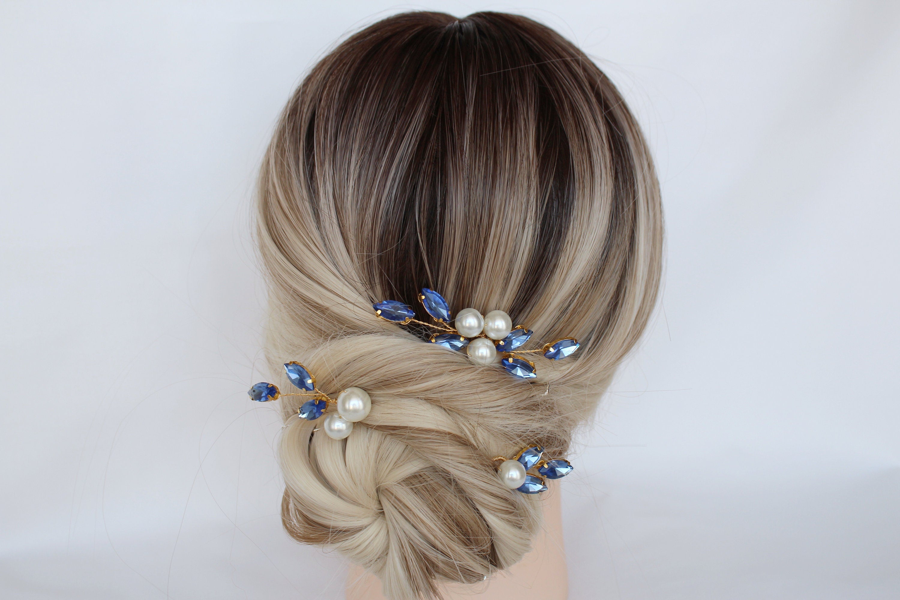 Sapphire Blue Pearl Hair Pins: Bridal Wedding Hair Piece