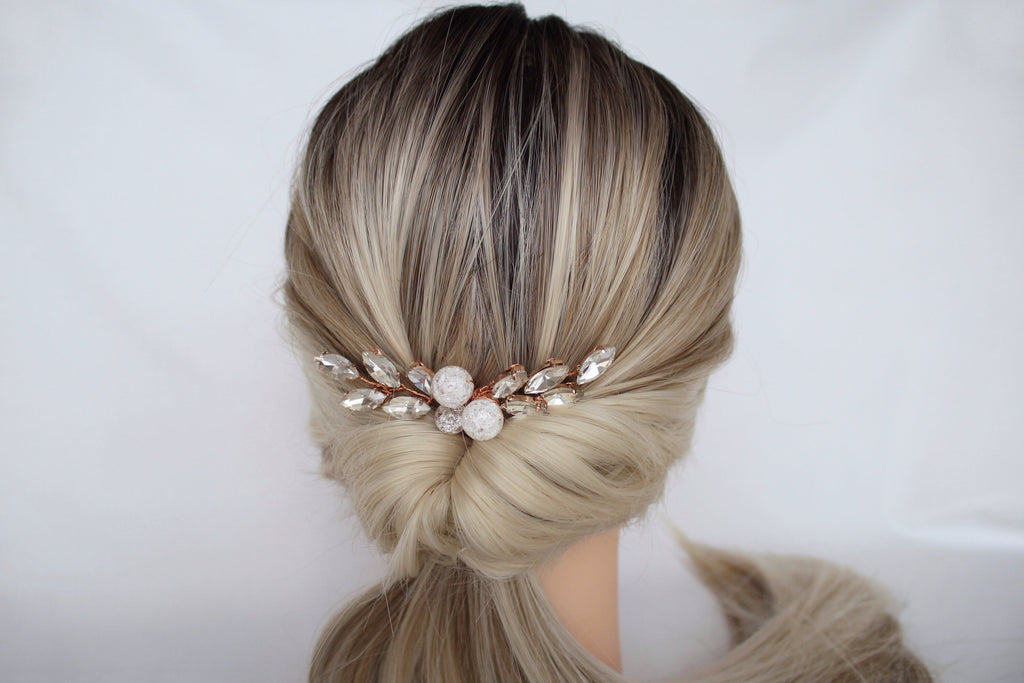 Rose Gold Bridal Hair Comb: Quartz Crystal Headpiece