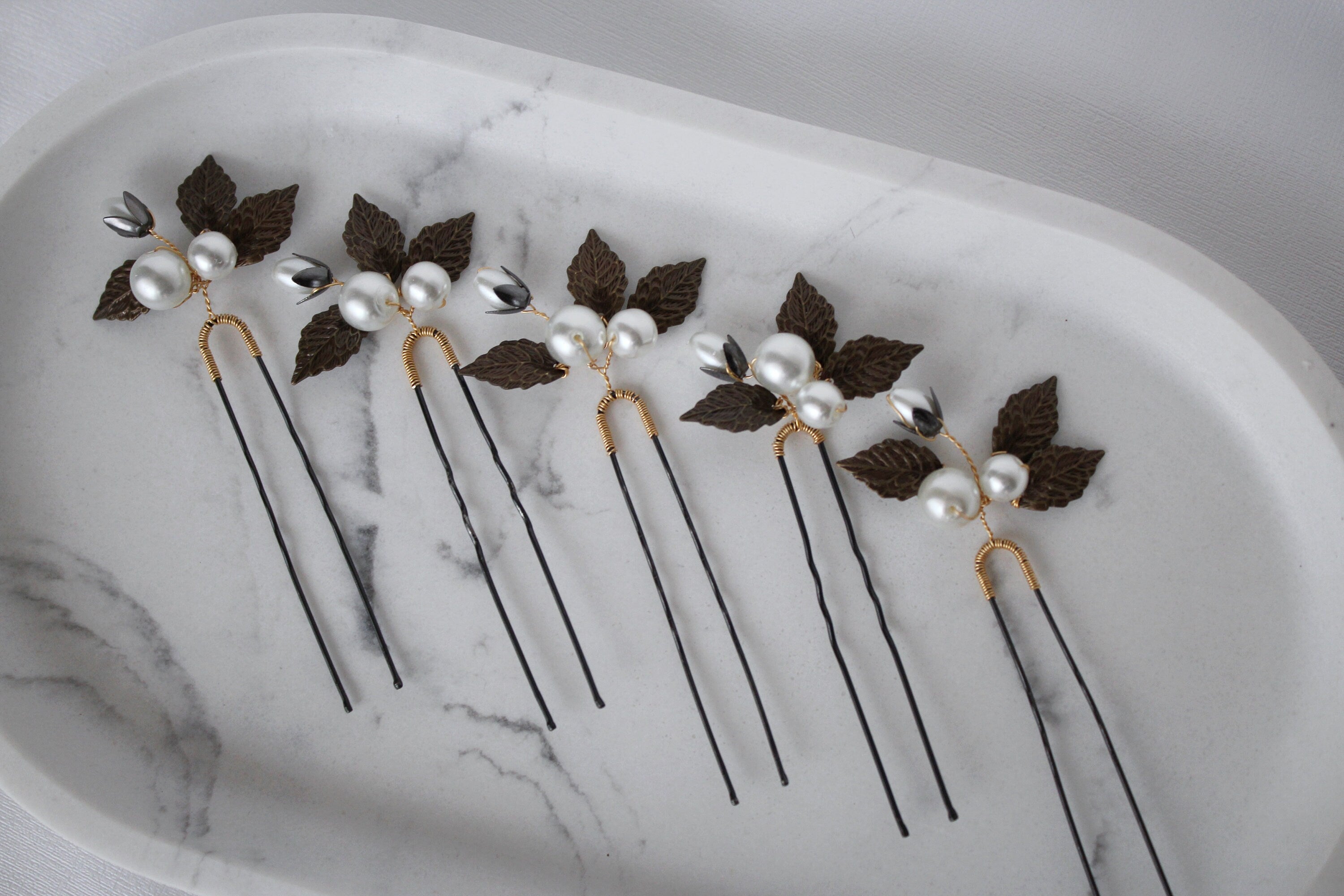 Vintage Pearl Hair Pins: Bronze Leaf Bridal Hair Accessory