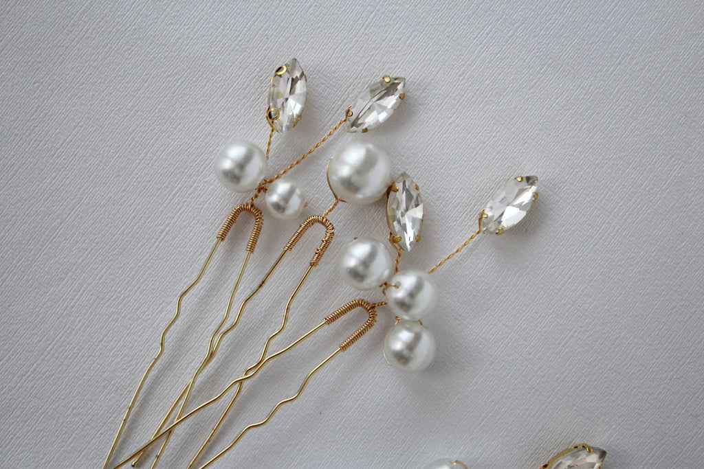 Pearl Wedding Hair Pins: Gold Bridal Crystal Hair Piece Set