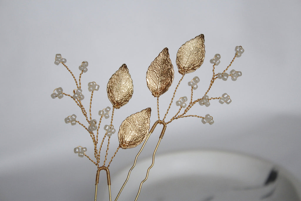 Gold Leaf Wedding Hair Pins: Pearl Bridal Hair Accessory