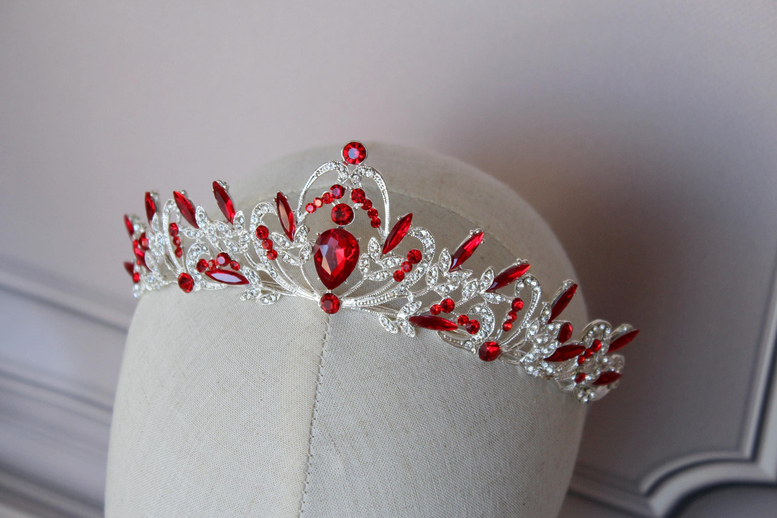 Red Silver tiara, Wedding crown, Ruby red princess tiara