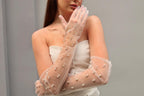 Pearl bridal gloves, White tulle gloves, Long bridal sheer gloves