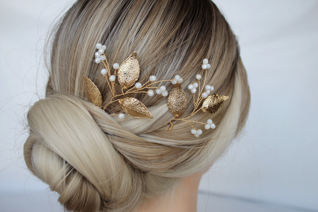 Gold Leaf Wedding Hair Pins: Crystal Bridal Hair Accessory Set