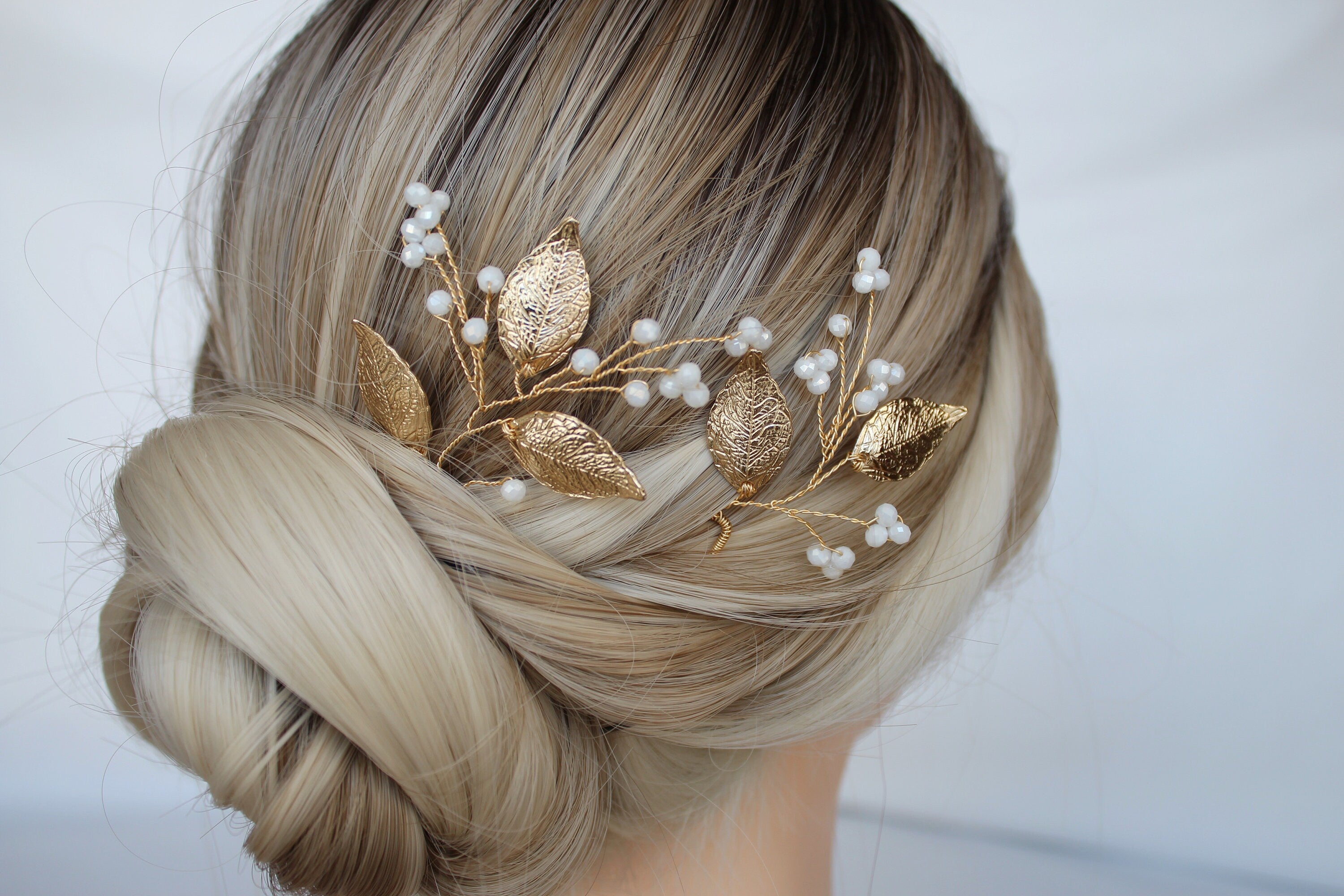 Gold Leaf Wedding Hair Pins: Crystal Bridal Hair Accessory Set