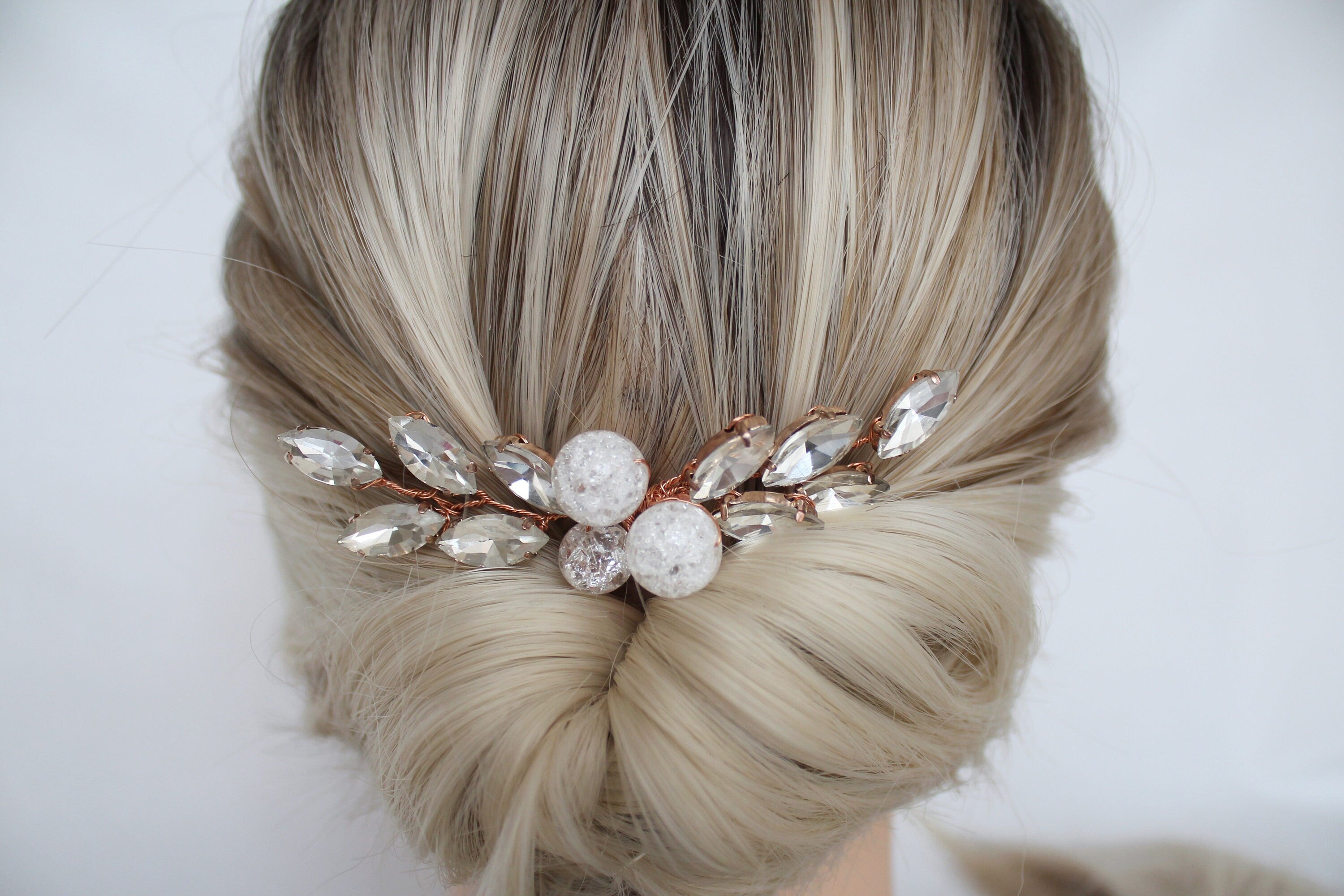 Rose Gold Bridal Hair Comb: Quartz Crystal Headpiece