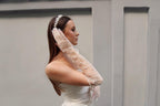 Pearl bridal gloves, White tulle gloves, Long bridal sheer gloves