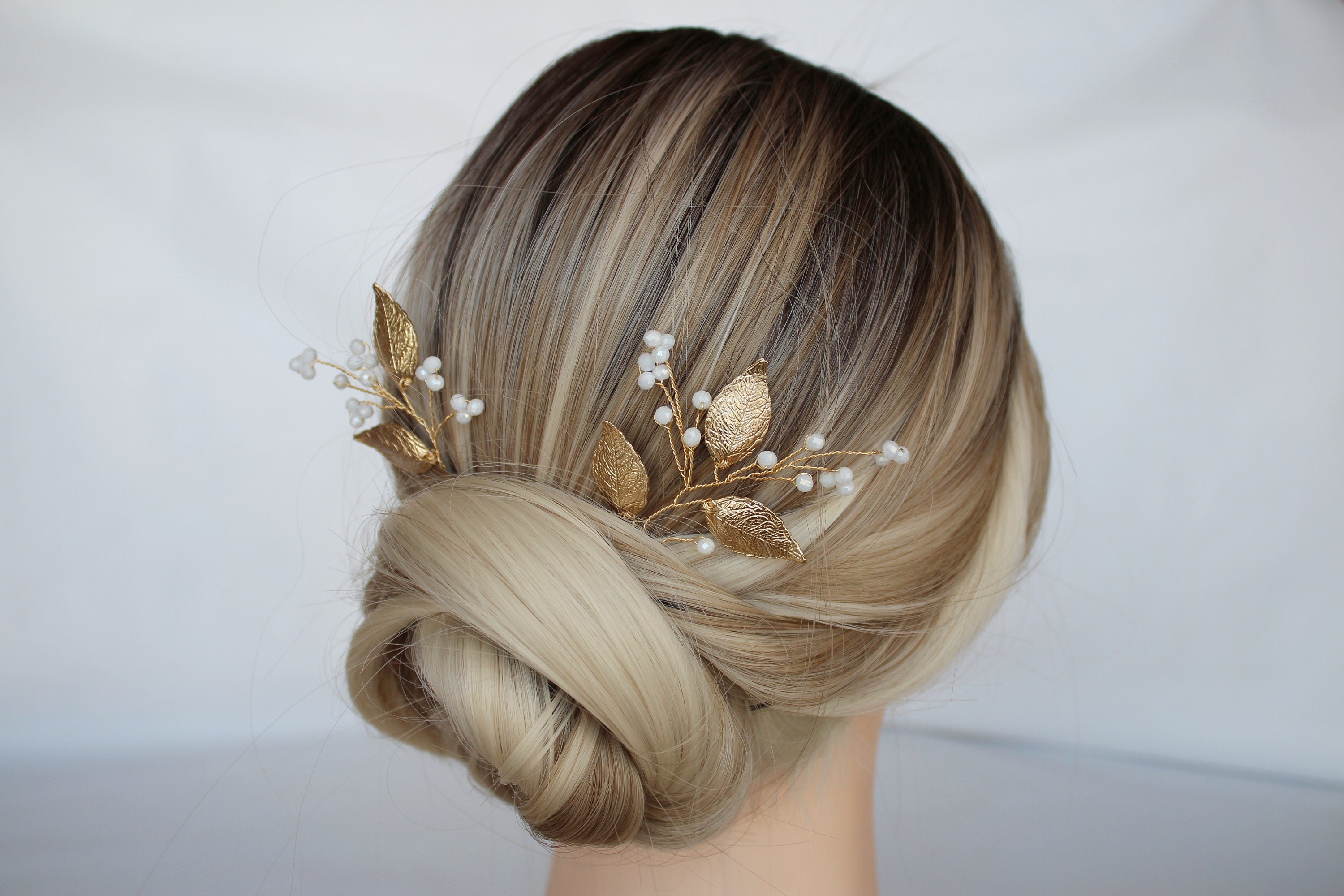 Gold Leaf Wedding Hair Pins: Crystal Bridal Hair Accessory Set