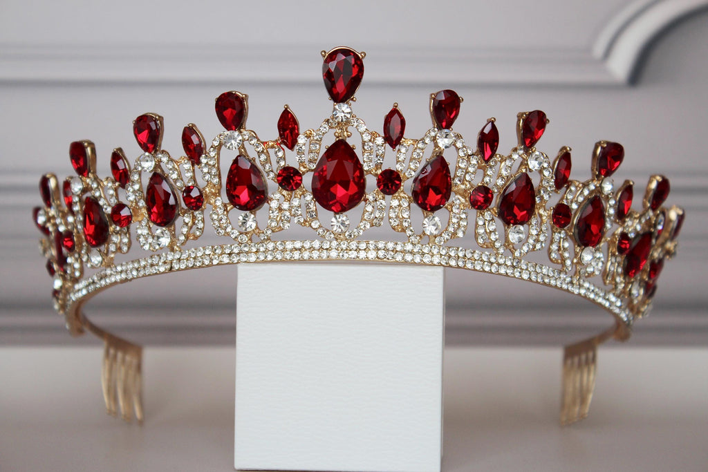 Red tiara-headpiece, Gold Quinceañera crown