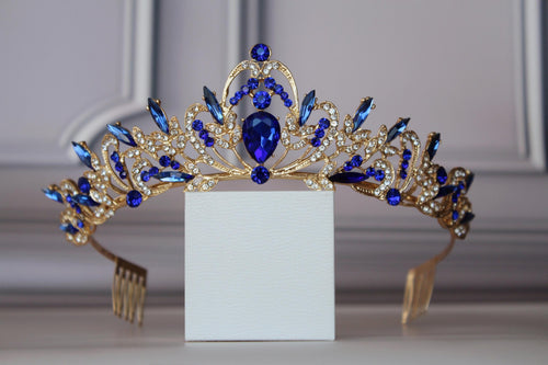 Blue and Gold Sapphire Crown, Bridal Wedding Tiara, Prom & Quinceañera Tiara