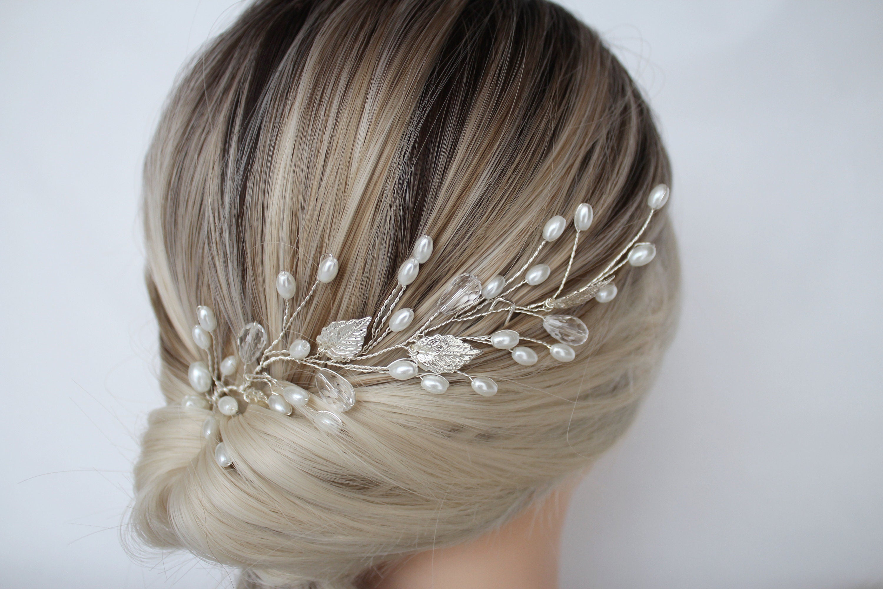 Silver Leaf Hair Vine, Pearl Wedding Hairpiece, Gold Bridal Headband, Rose Gold Hair Piece, Wedding Hair Accessory, Rhinestone Hair vine
