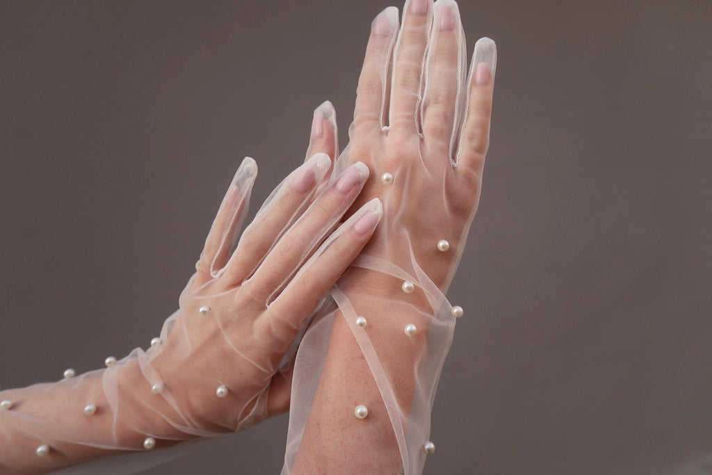 Pearl Bridal Gloves, Long Flower Sheer Gloves