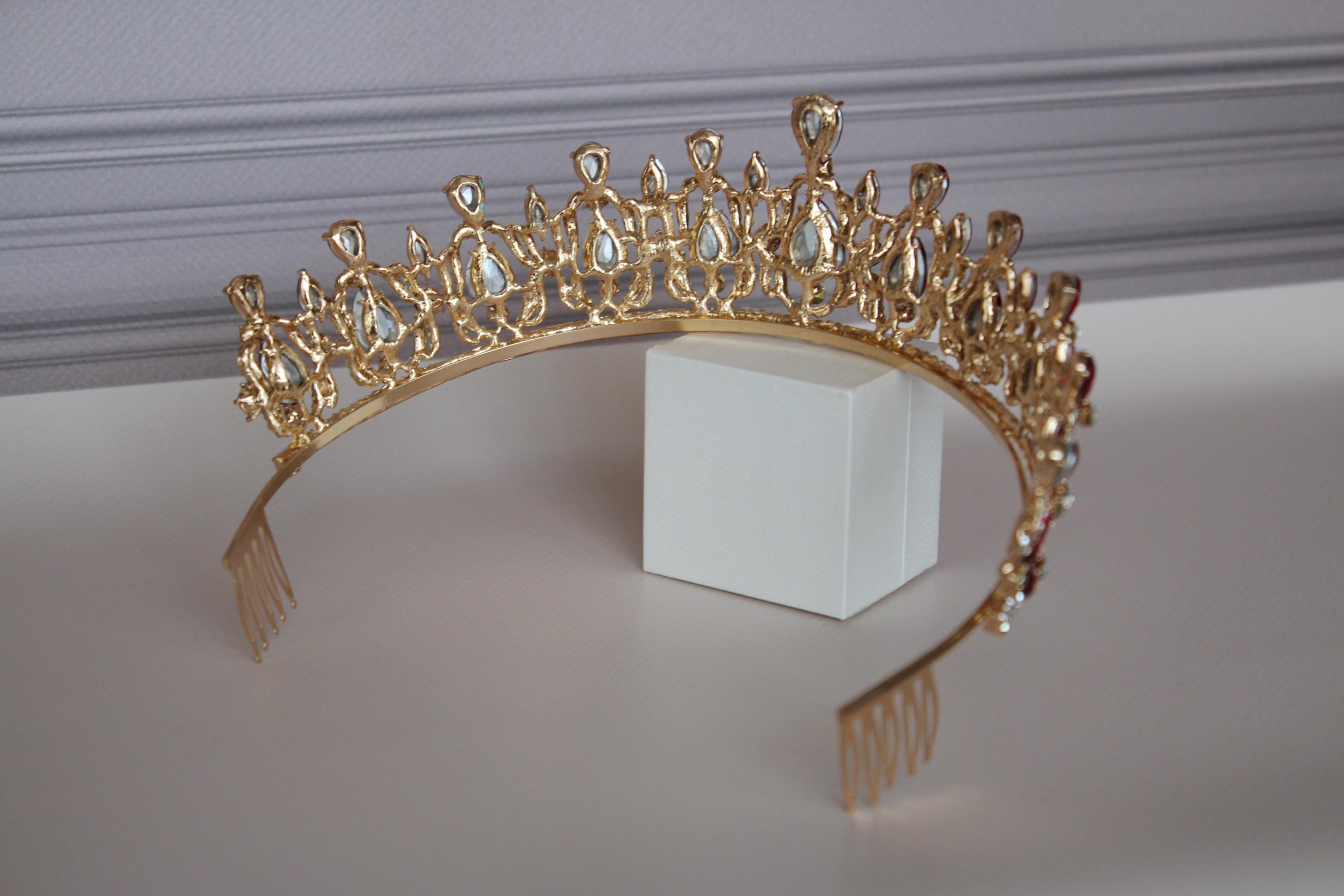 Red tiara-headpiece, Gold Quinceañera crown