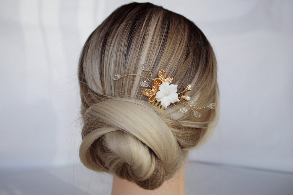Gold Flower Wedding Hair Comb: Rhinestone Pearl Bridal Hairpiece