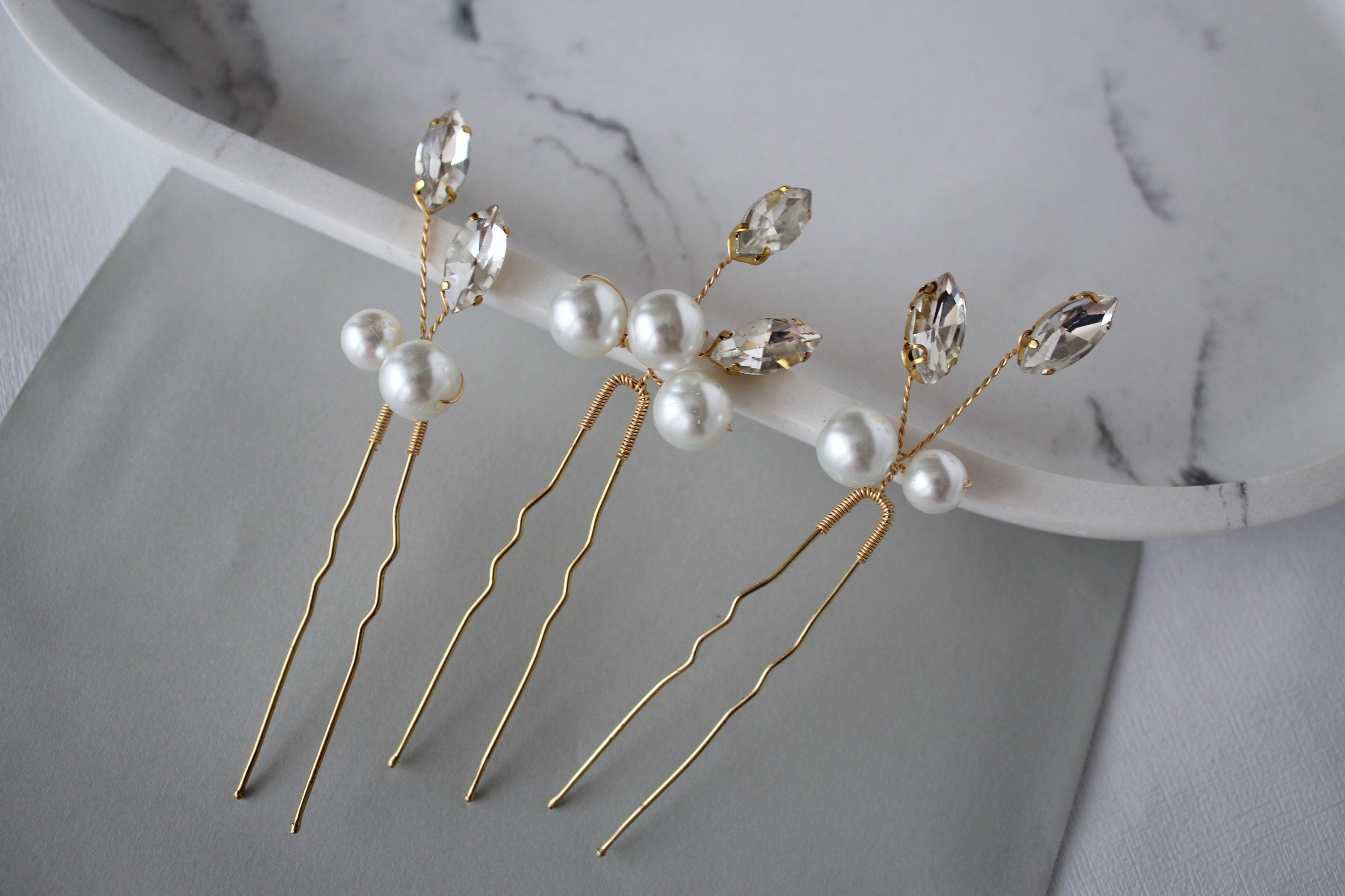 Pearl Crystal Wedding Hair Pins: Gold Bridal Hair Accessory, Set of 3