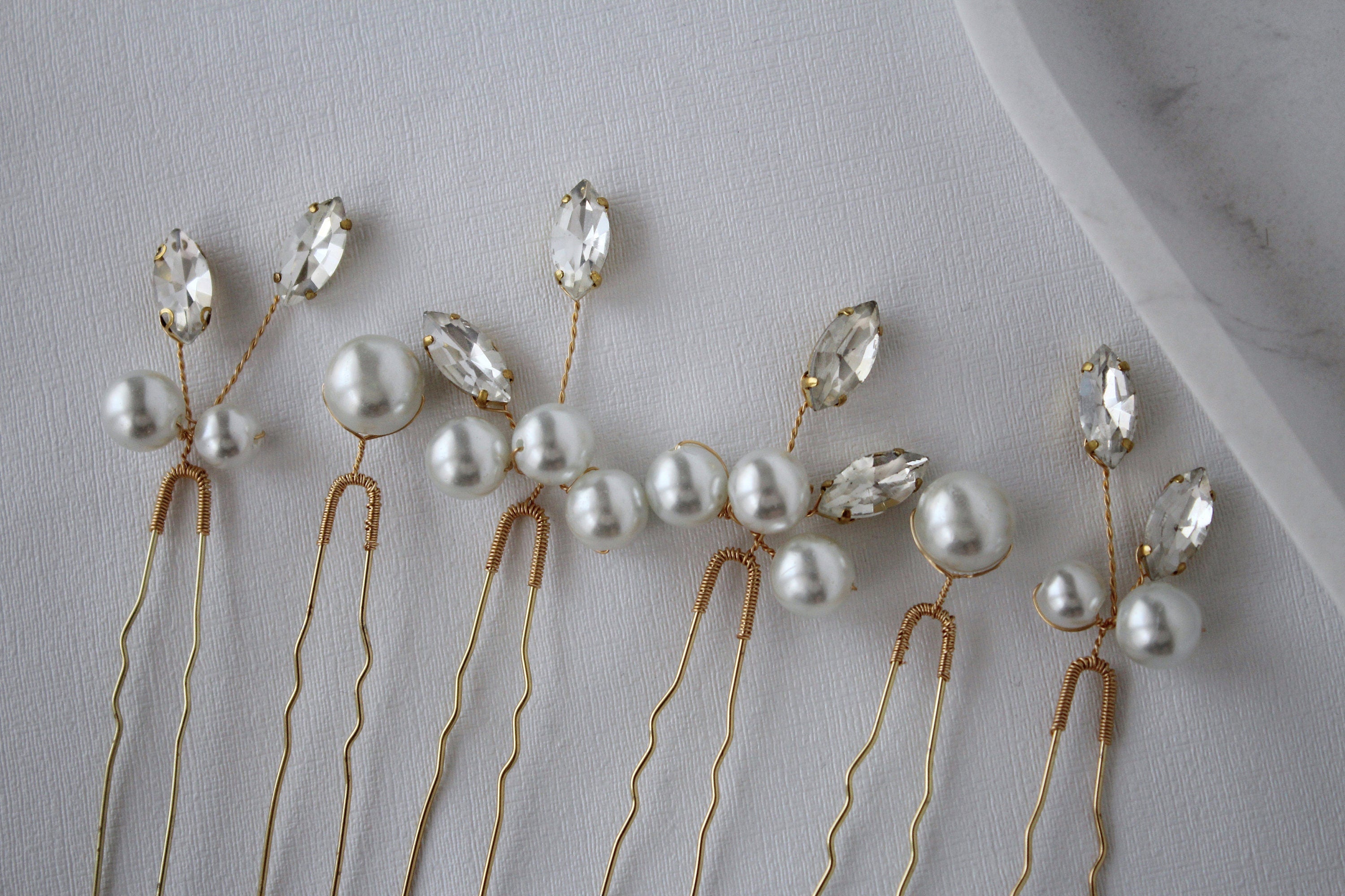 Pearl Wedding Hair Pins: Gold Bridal Crystal Hair Piece Set