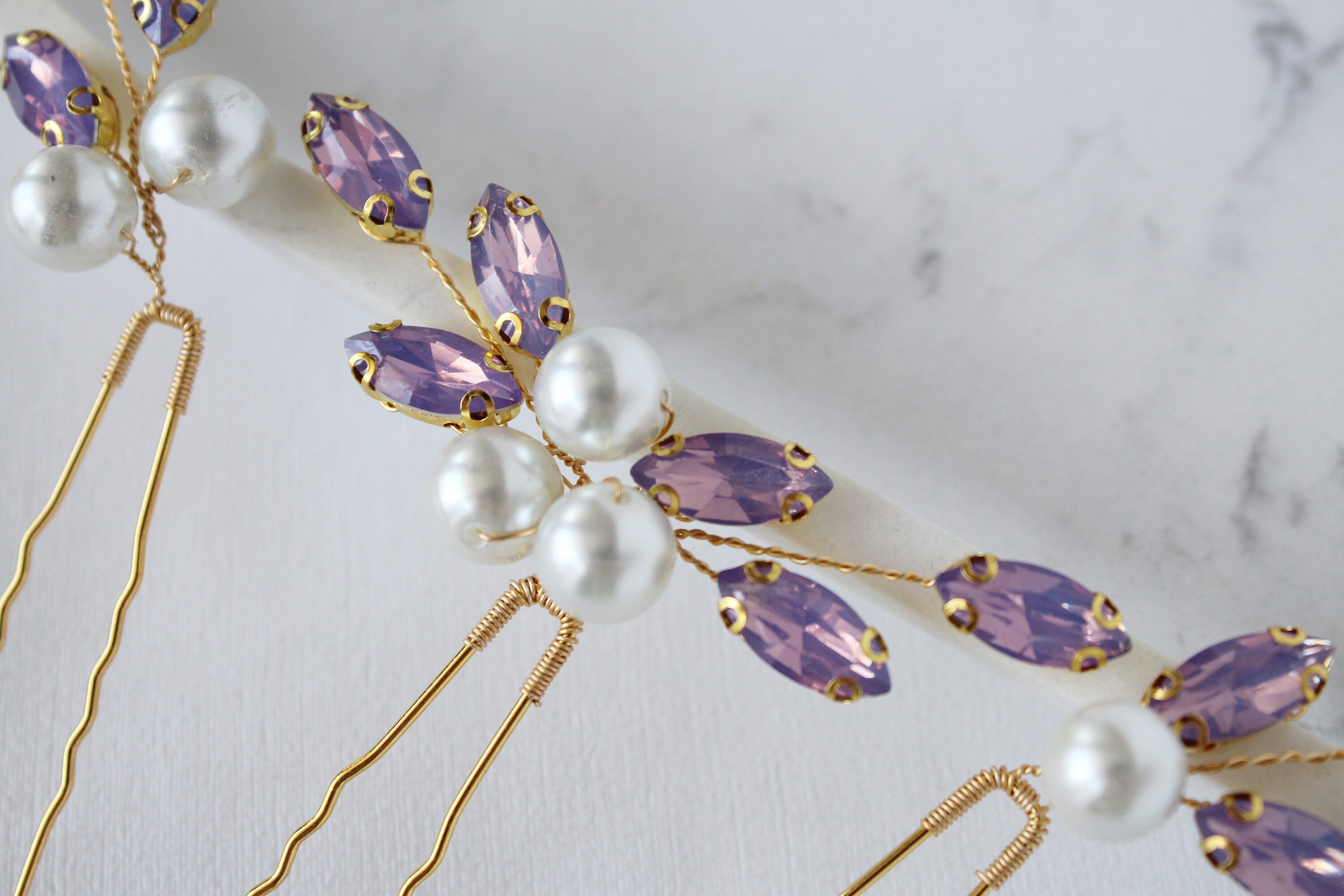 Purple Crystal Bridal Hair Pins: Lavender Wedding Hair Piece