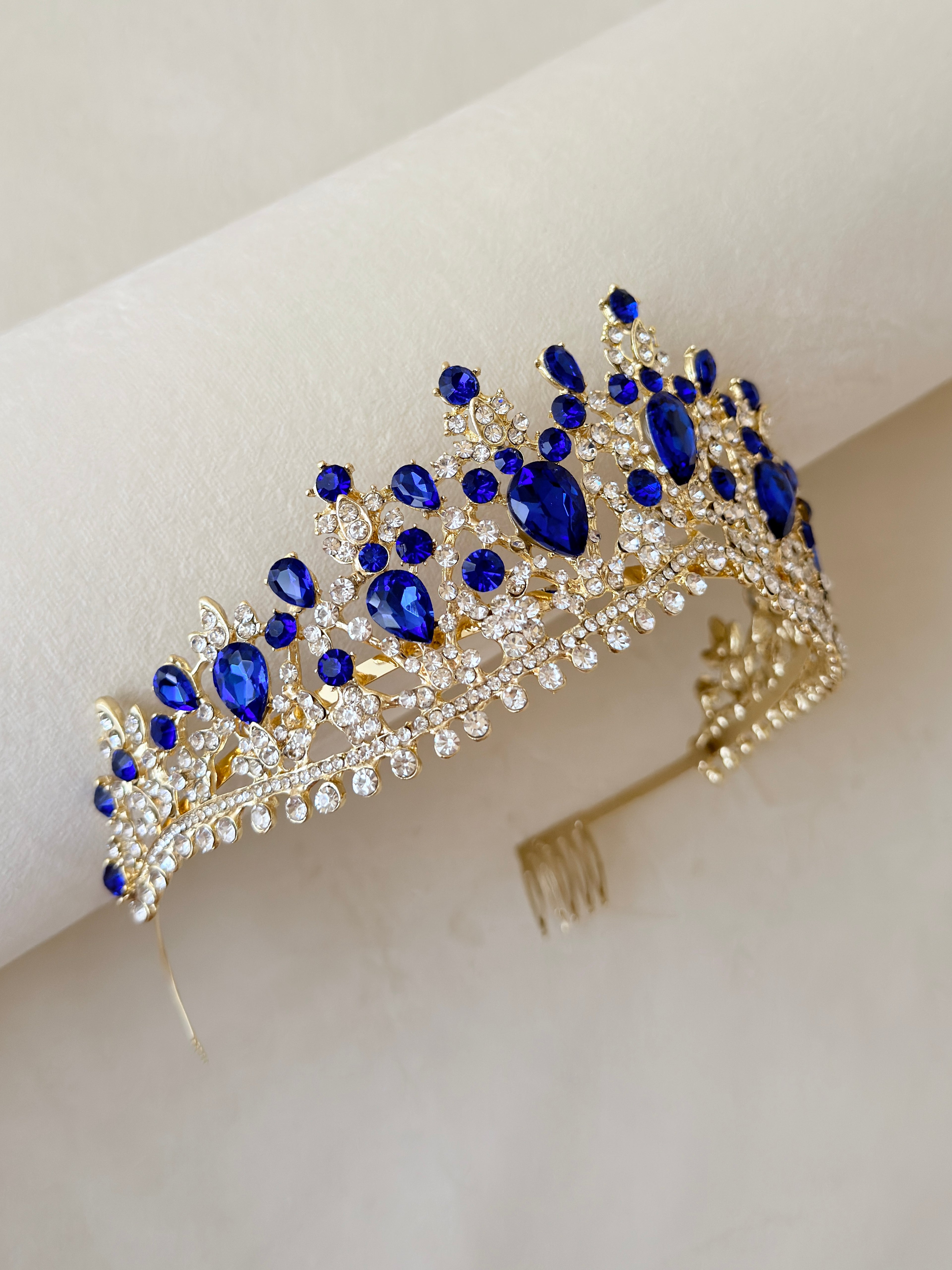 Sapphire Blue gold crown, Quinceanera tiara