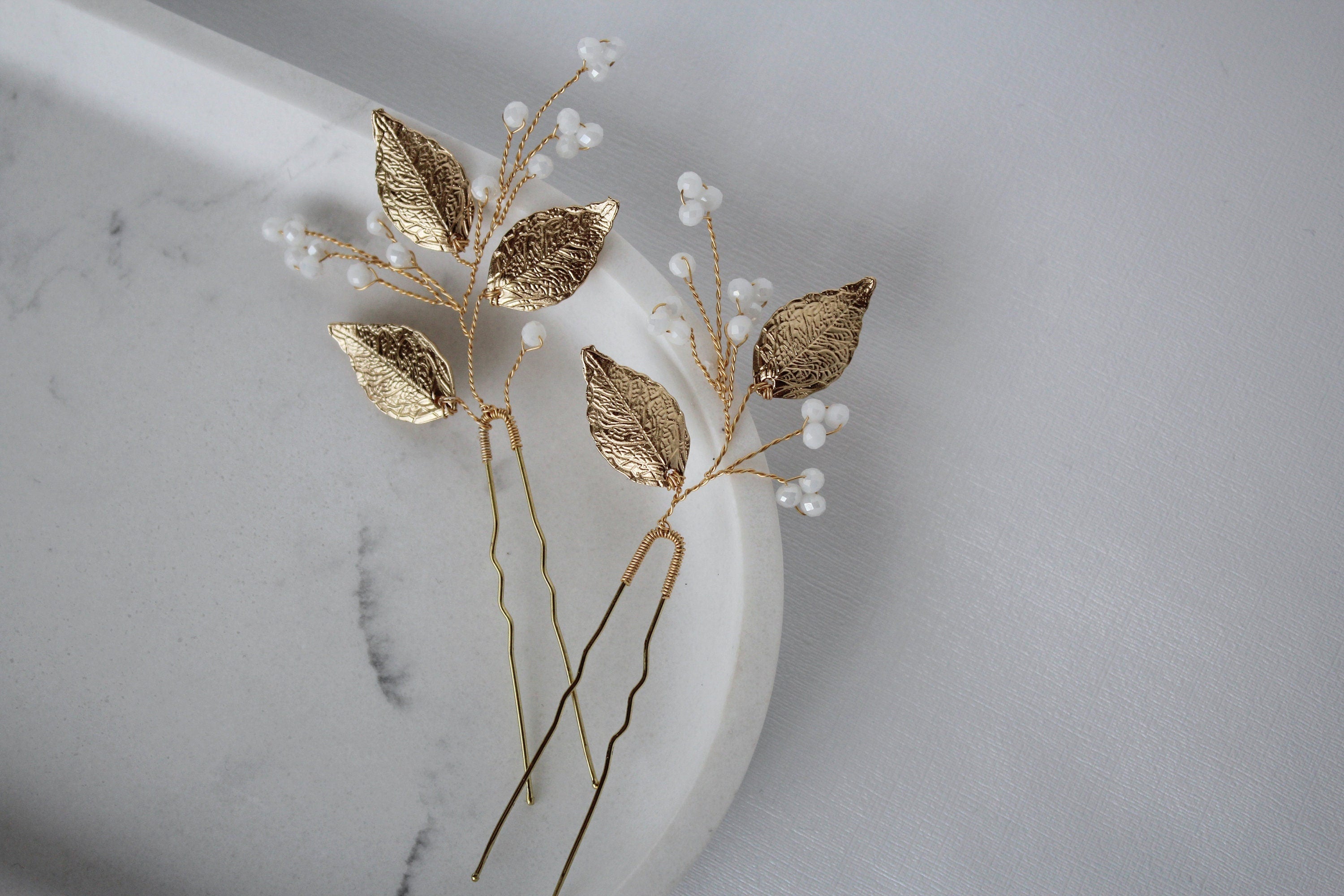 Gold Leaf Wedding Hair Pins: Crystal Bridal Hair Accessory Set
