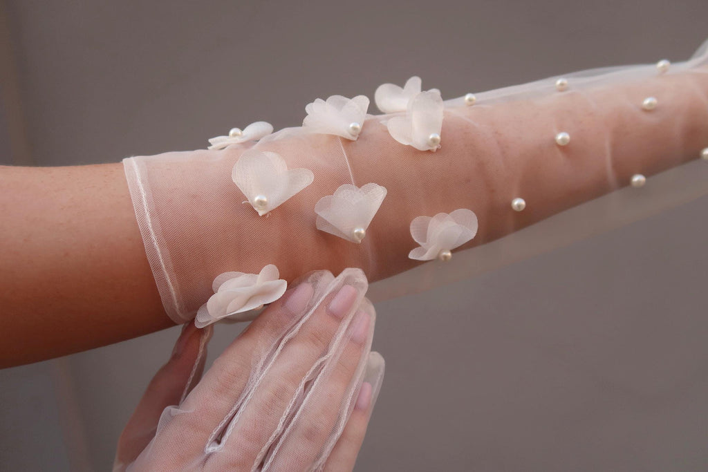Pearl Bridal Gloves, Long Flower Sheer Gloves