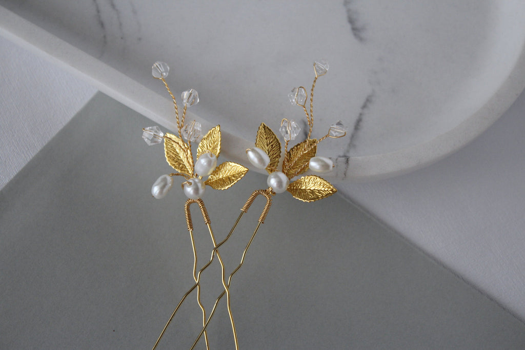 Gold Leaf Pearl Hair Pins: Bridal Rhinestone Hair Piece