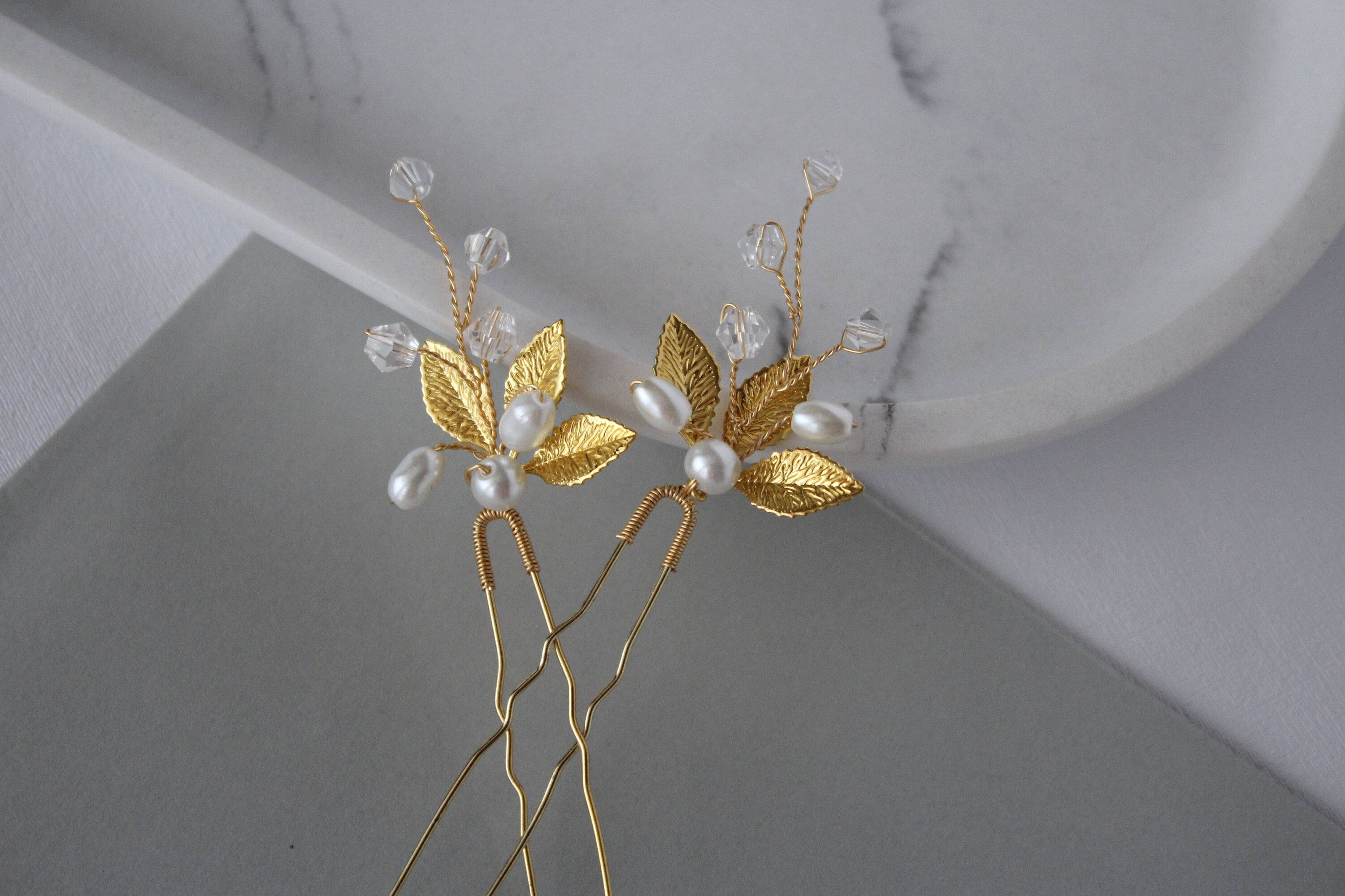 Gold Leaf Pearl Hair Pins: Bridal Rhinestone Hair Piece