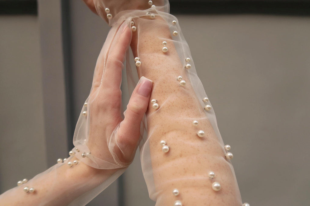 Pearl bridal gloves, White tulle gloves, Long bridal sheer gloves