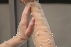 Pearl bridal gloves, White tulle gloves, Long bridal sheer gloves