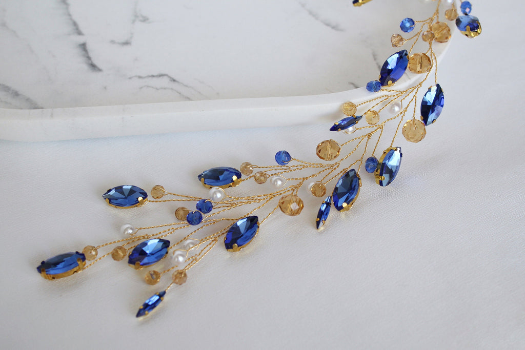 Sapphire Blue Wedding Hair Vine: Gold Bridal Hair Piece
