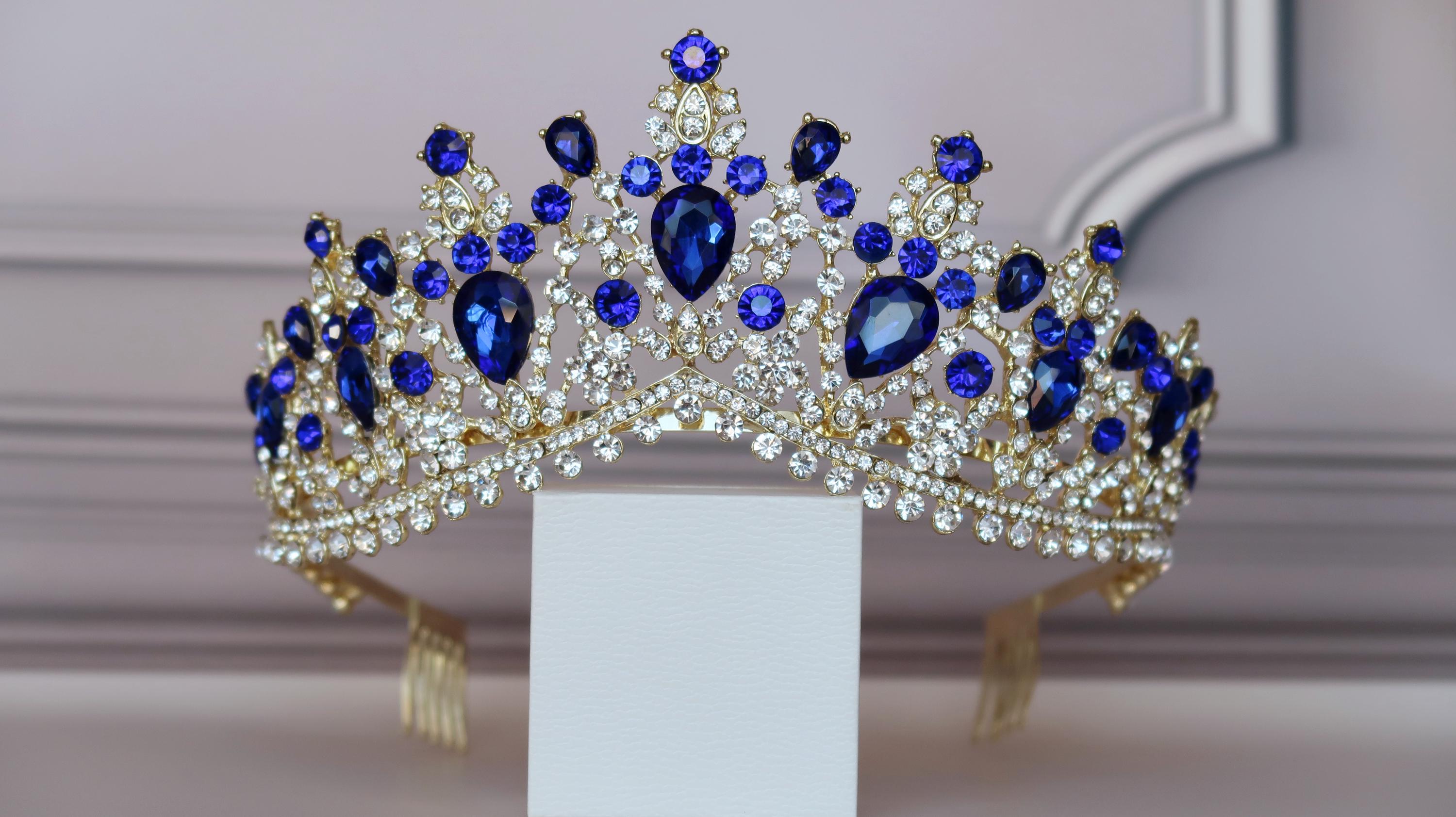 Sapphire Blue gold crown, Quinceanera tiara