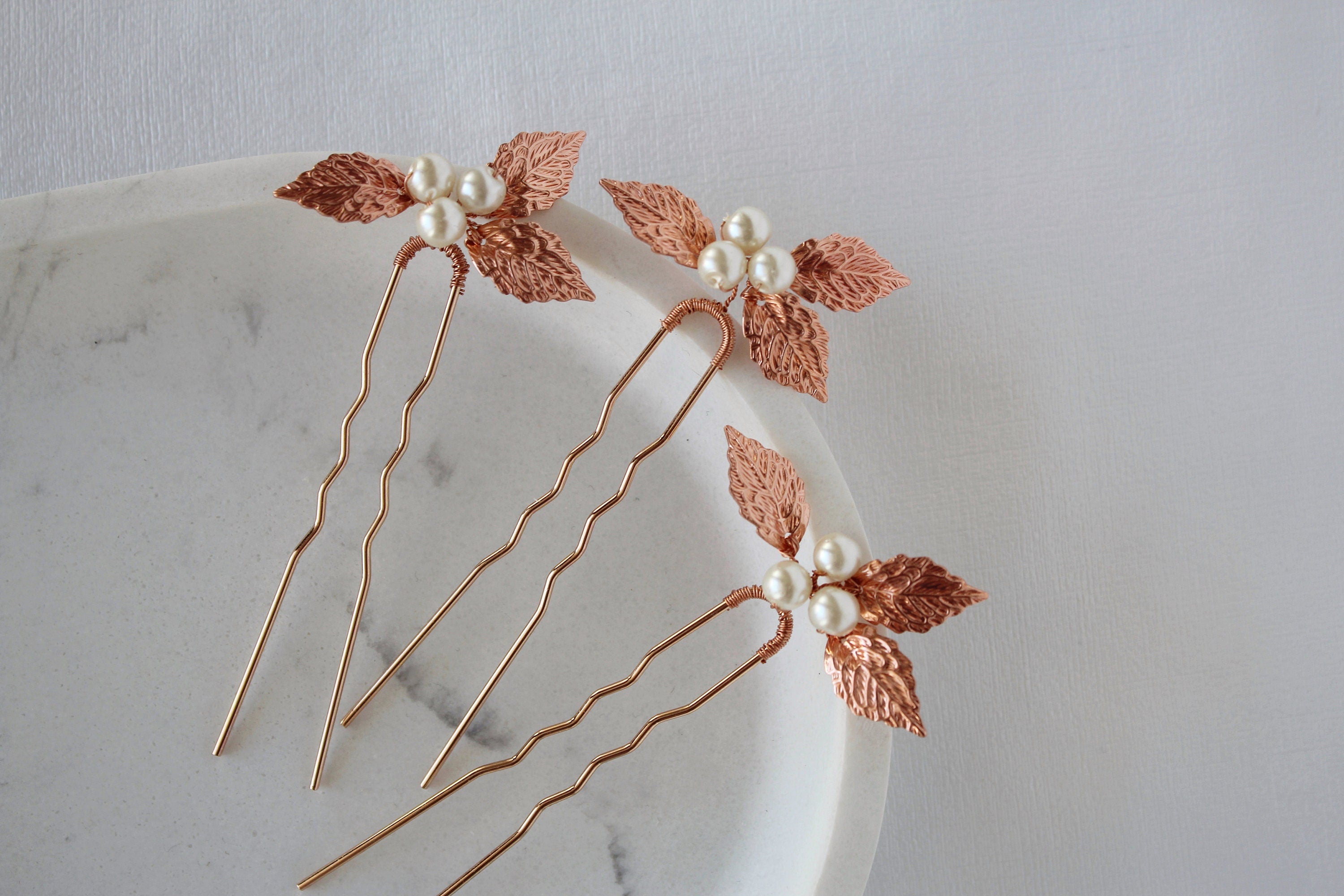 Rose Gold Pearl Wedding Hair Pins: Bridal Leaf Hair Piece